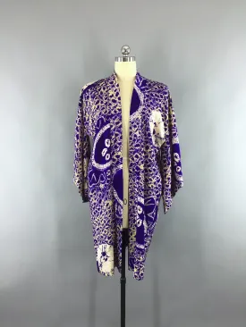 1910s-1920s Vintage Silk Haori Kimono Cardigan Jacket in Purple Shibori with Love Birds