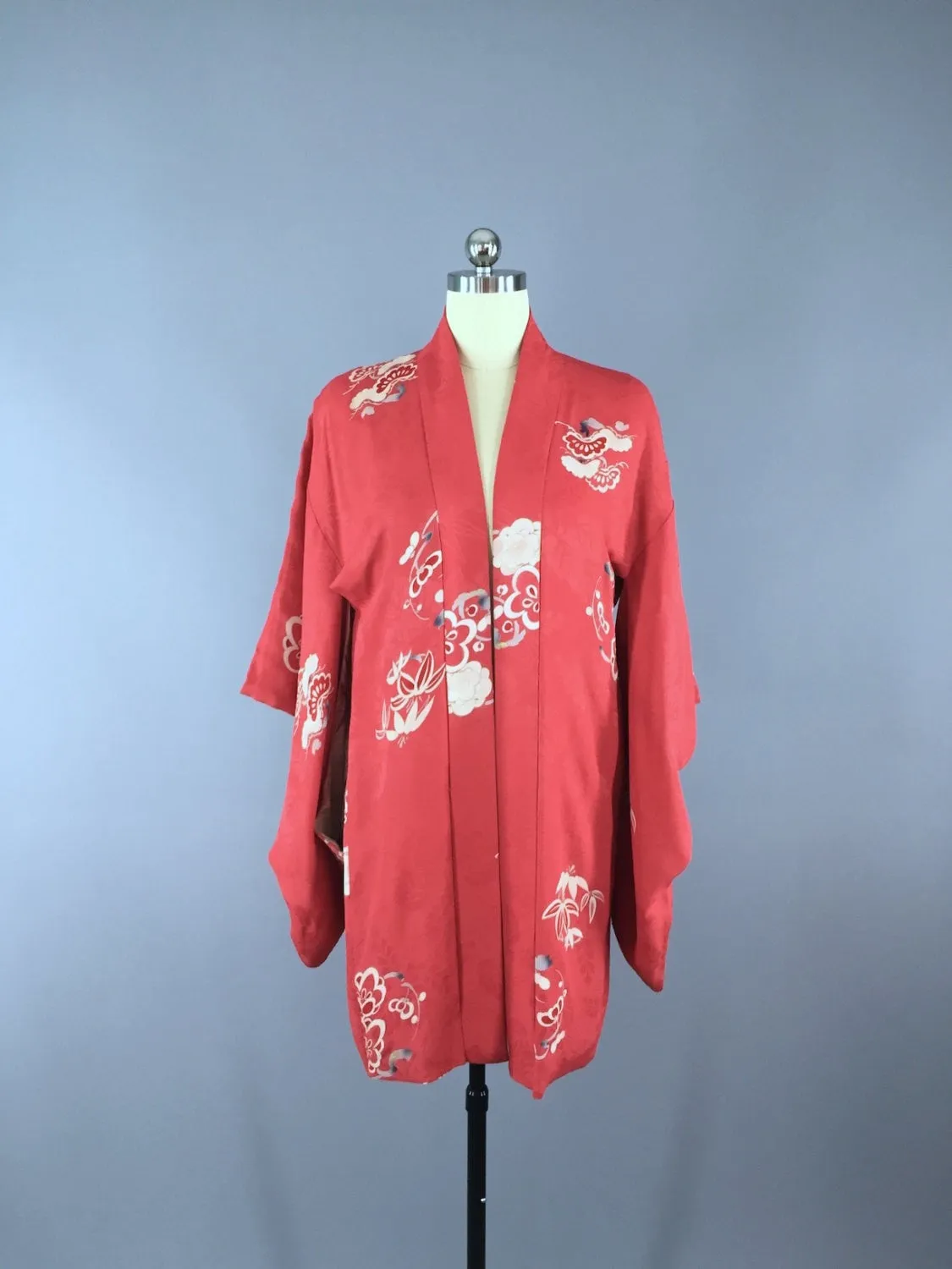 1920s Vintage Silk Haori Kimono Cardigan Jacket / Tomato Red Floral Print