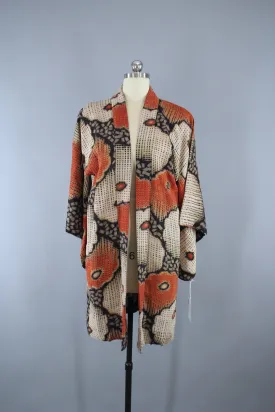 1930s Vintage Haori Kimono Jacket with Art Deco Black and Orange Floral Print