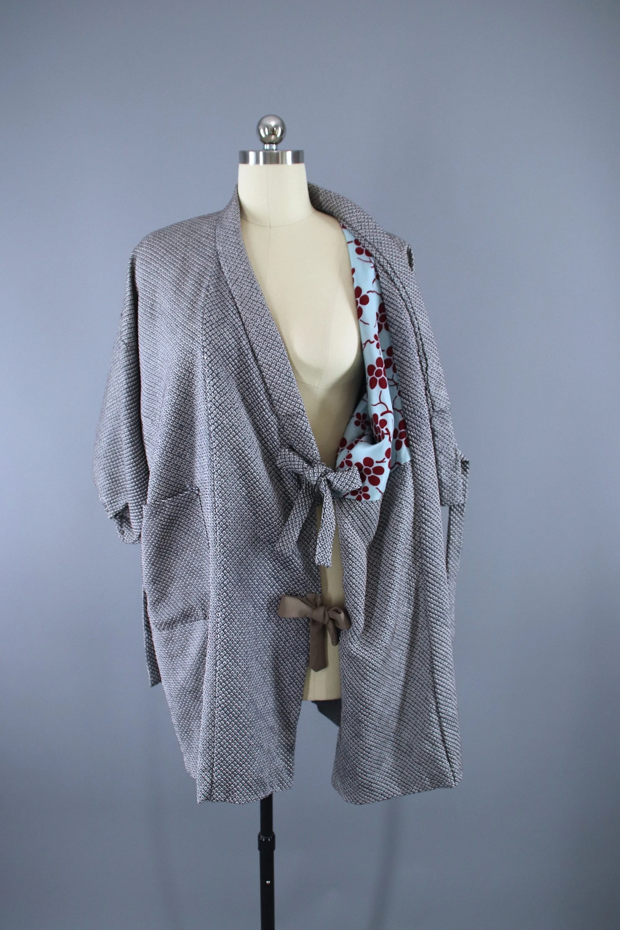 1950s Vintage Kimono Jacket Coat Douchugi / Grey & Maroon Shibori