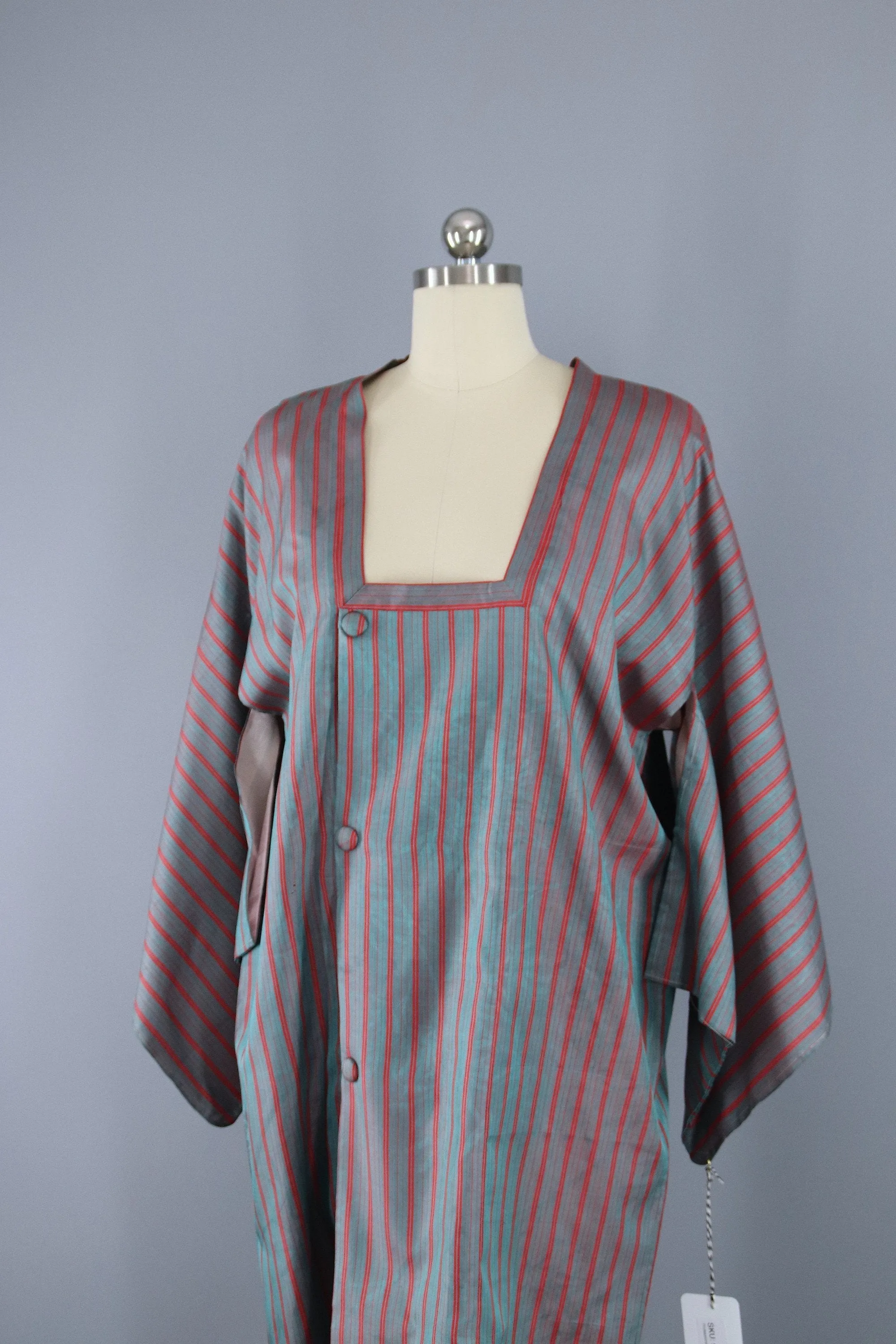 1960s Vintage Silk Kimono Jacket Coat Michiyuki / Grey Blue & Red Stripes