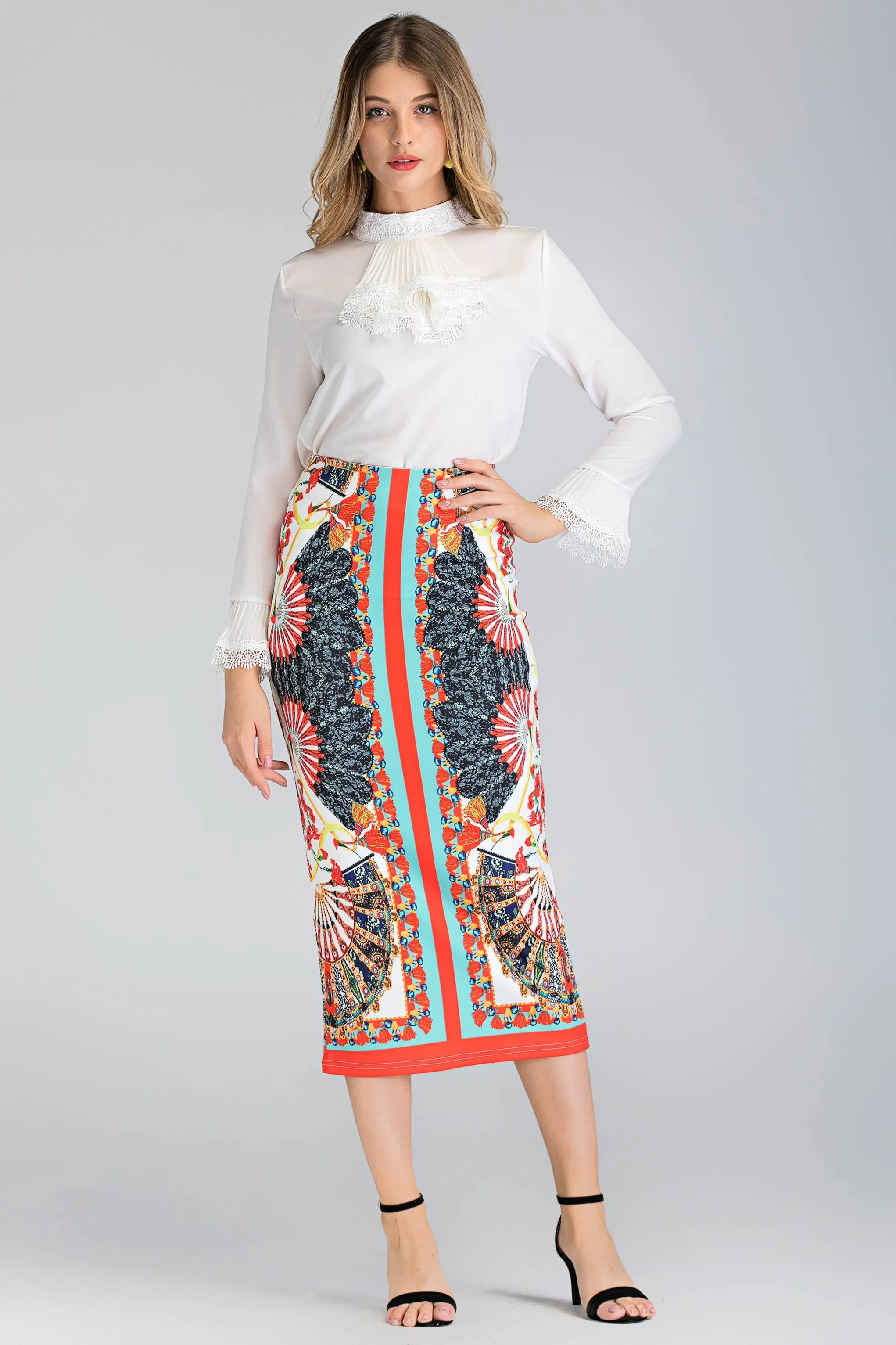 2 piece white Pleated Gabot Top and Printed Pencil Skirt Set