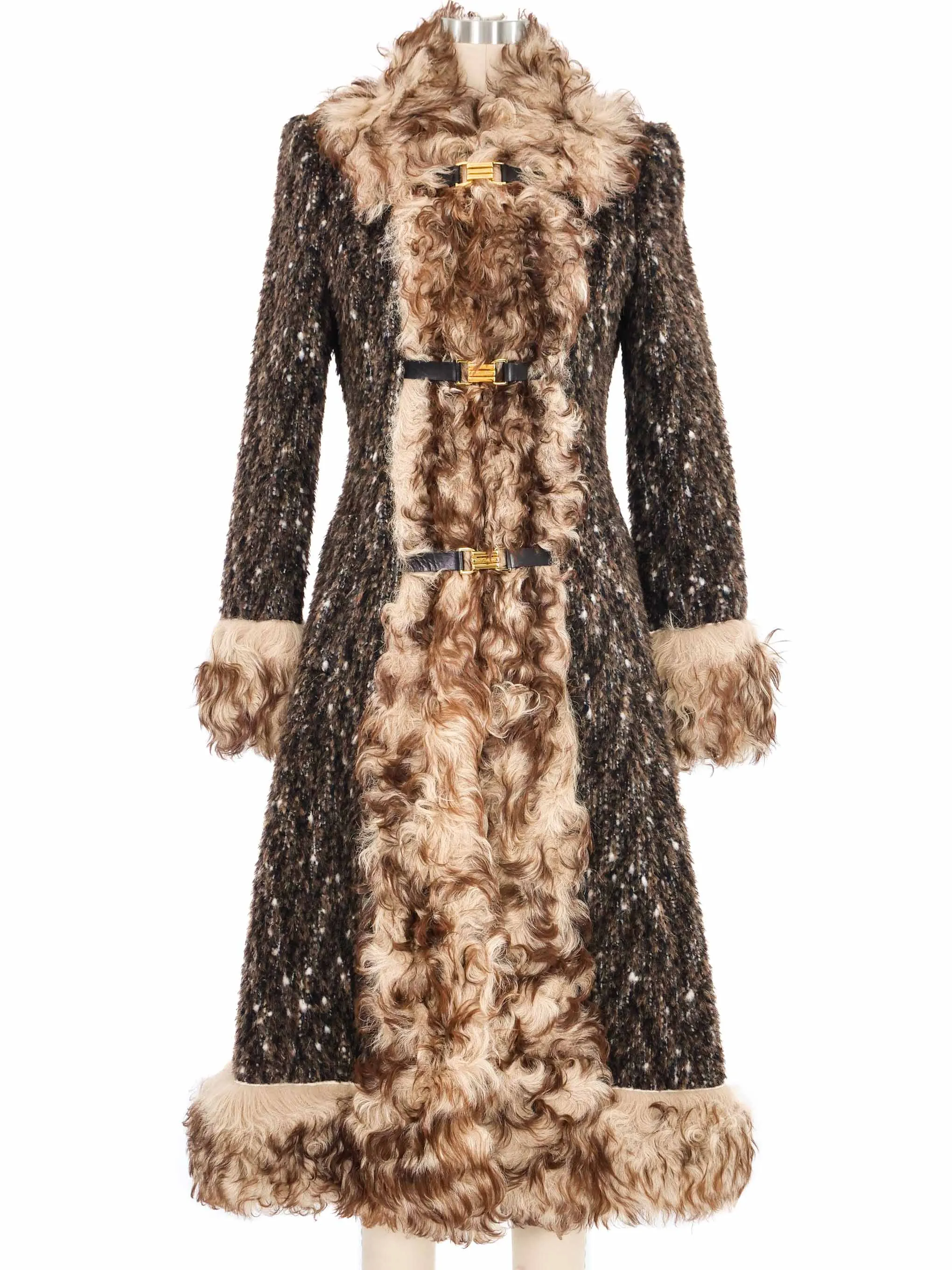 2000s Dolce & Gabbana Mongolian Fur Trimmed Tweed Overcoat