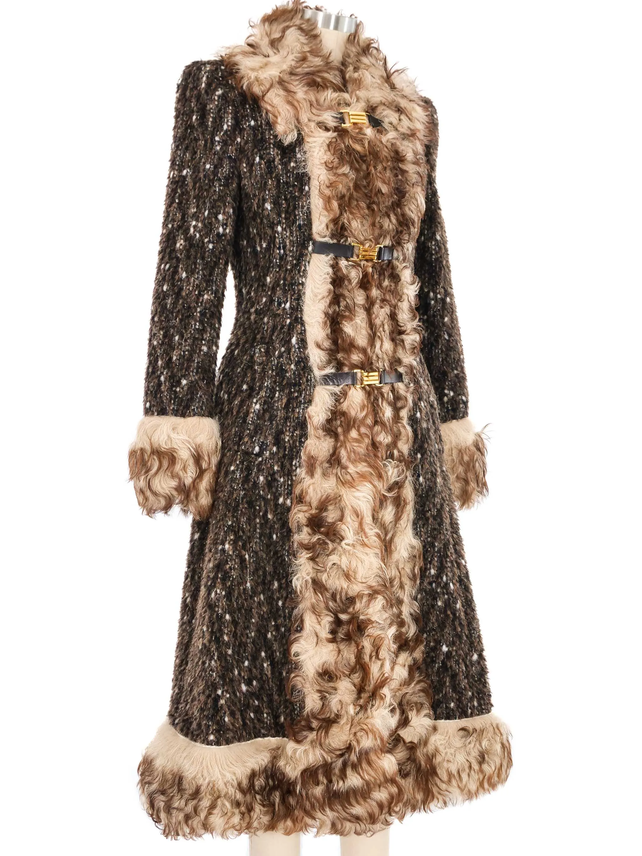 2000s Dolce & Gabbana Mongolian Fur Trimmed Tweed Overcoat