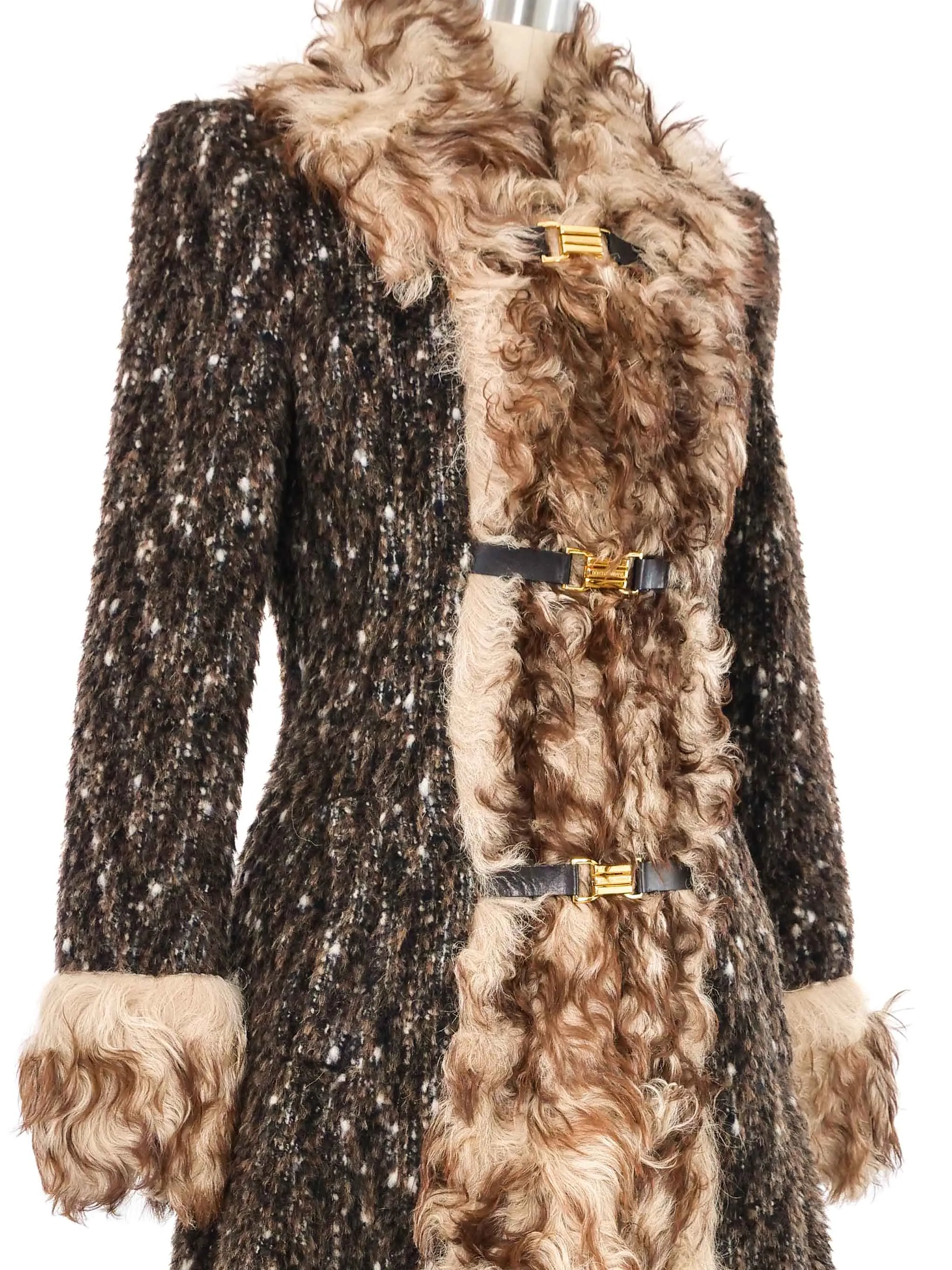 2000s Dolce & Gabbana Mongolian Fur Trimmed Tweed Overcoat