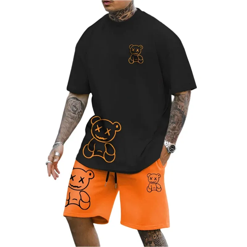 2025 Men's Fun Bear T-Shirt & Shorts Set – Casual Summer Loose-Fit Couple Outfit, Outdoor Streetwear 2-Piece Suit