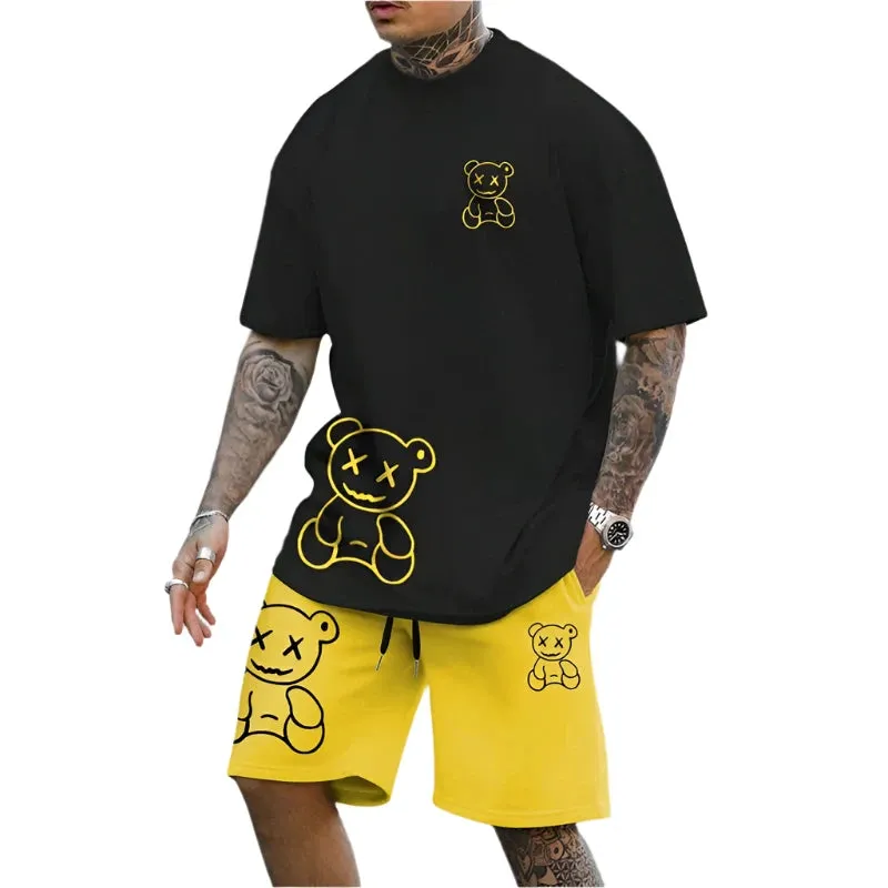 2025 Men's Fun Bear T-Shirt & Shorts Set – Casual Summer Loose-Fit Couple Outfit, Outdoor Streetwear 2-Piece Suit