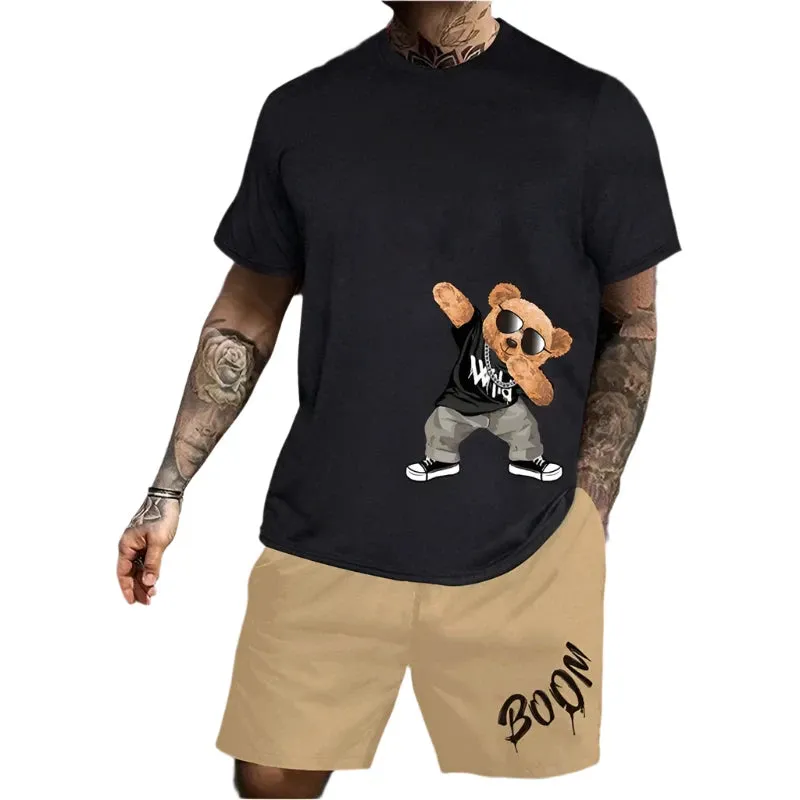 2025 Men's Fun Bear T-Shirt & Shorts Set – Casual Summer Loose-Fit Couple Outfit, Outdoor Streetwear 2-Piece Suit