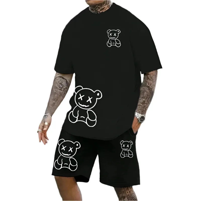 2025 Men's Fun Bear T-Shirt & Shorts Set – Casual Summer Loose-Fit Couple Outfit, Outdoor Streetwear 2-Piece Suit