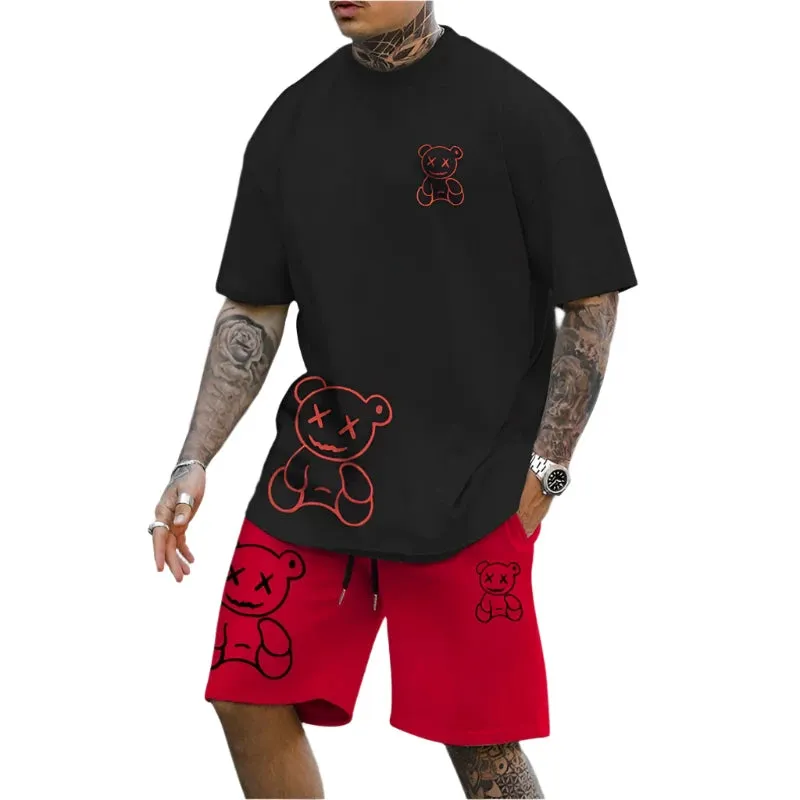 2025 Men's Fun Bear T-Shirt & Shorts Set – Casual Summer Loose-Fit Couple Outfit, Outdoor Streetwear 2-Piece Suit