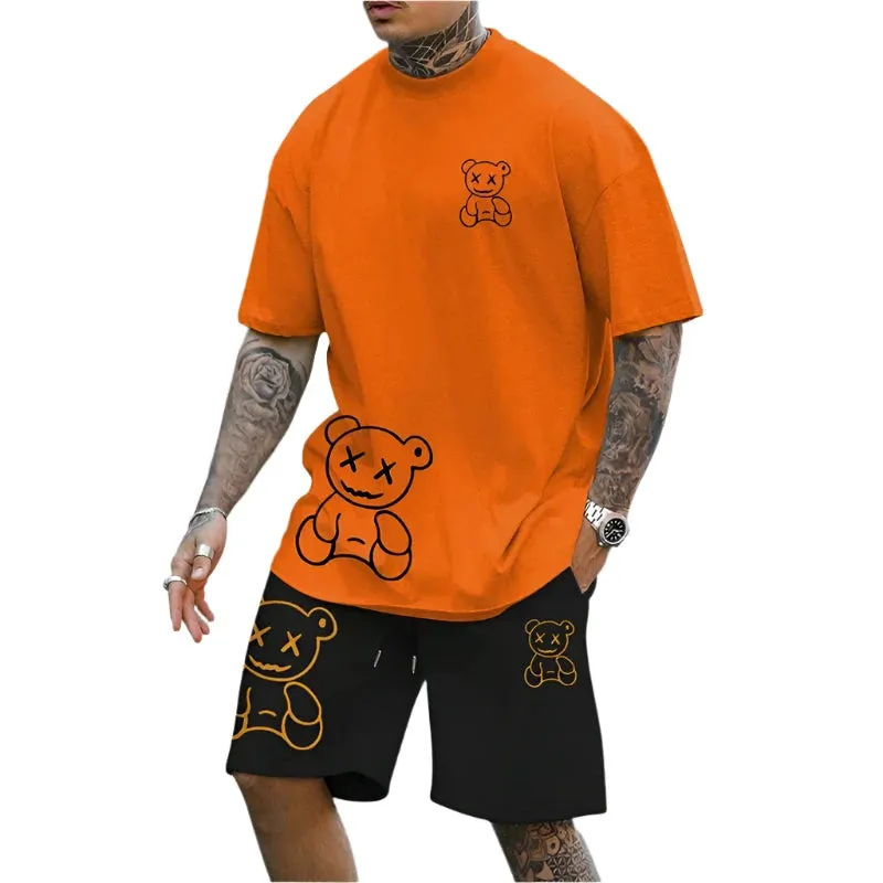 2025 Men's Fun Bear T-Shirt & Shorts Set – Casual Summer Loose-Fit Couple Outfit, Outdoor Streetwear 2-Piece Suit