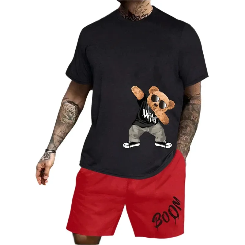 2025 Men's Fun Bear T-Shirt & Shorts Set – Casual Summer Loose-Fit Couple Outfit, Outdoor Streetwear 2-Piece Suit