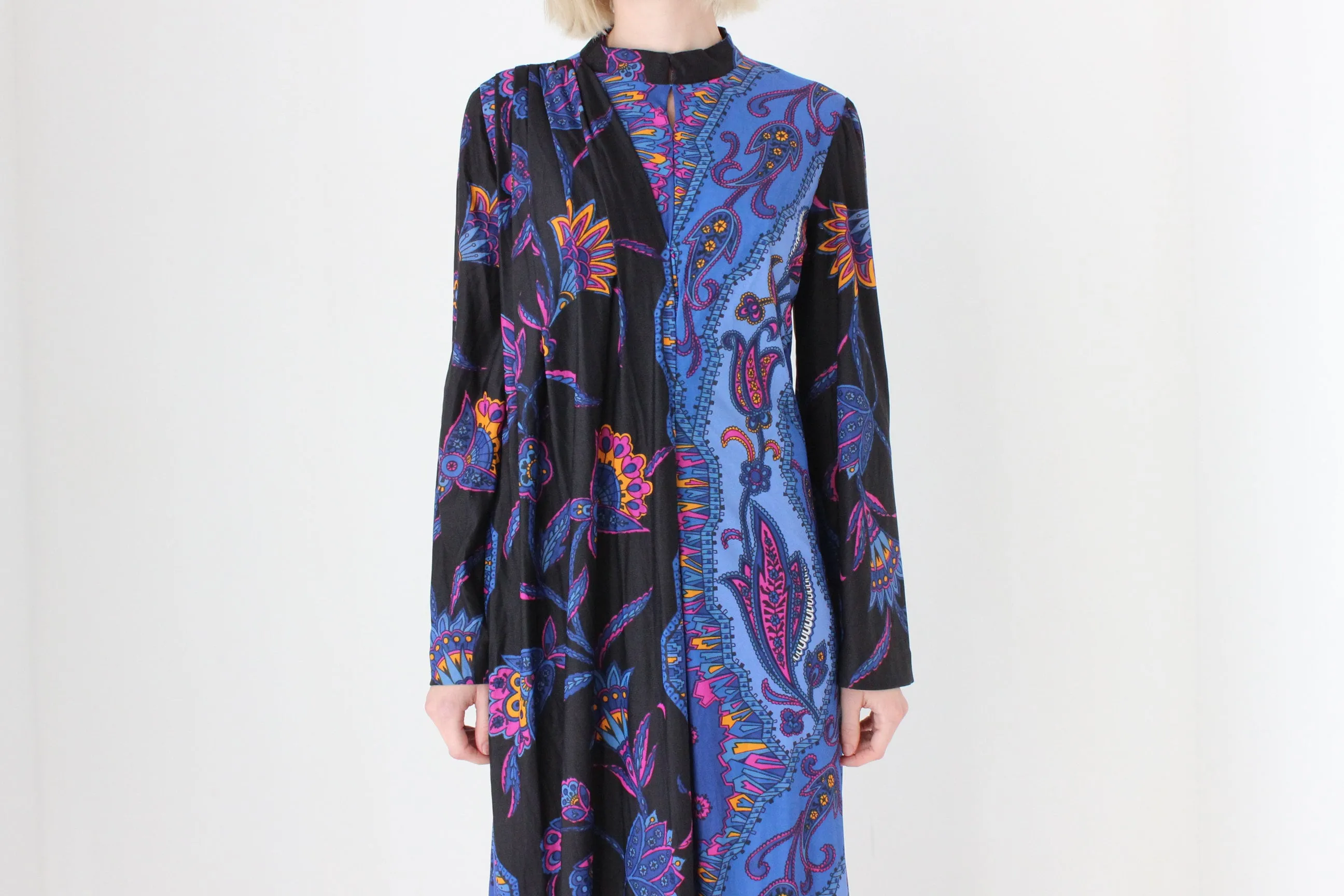 70s Handmade Paisley Dress w/ Experimental Shawl Detail