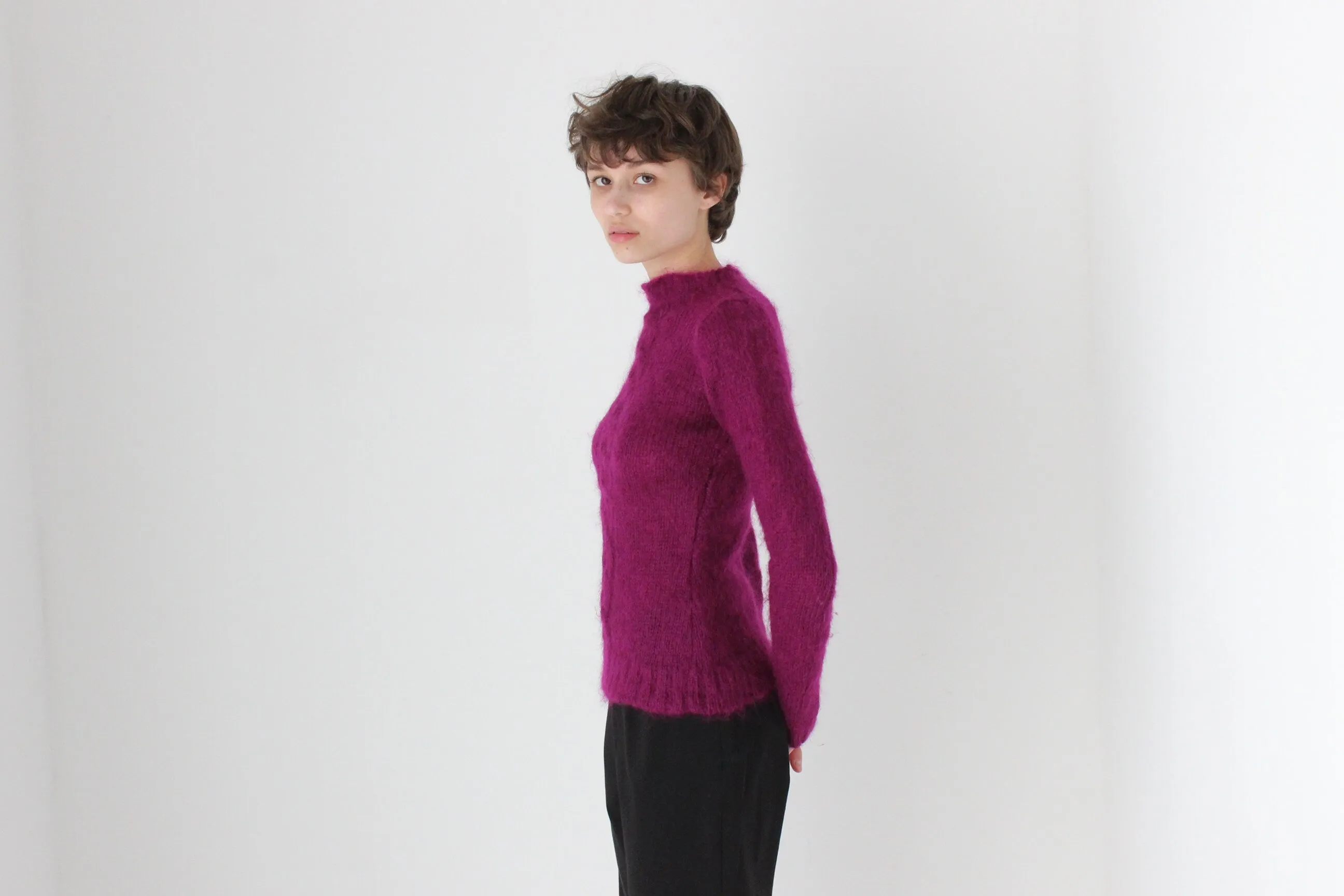 90s Mohair High Neck Purple Grape Fitted Sweater