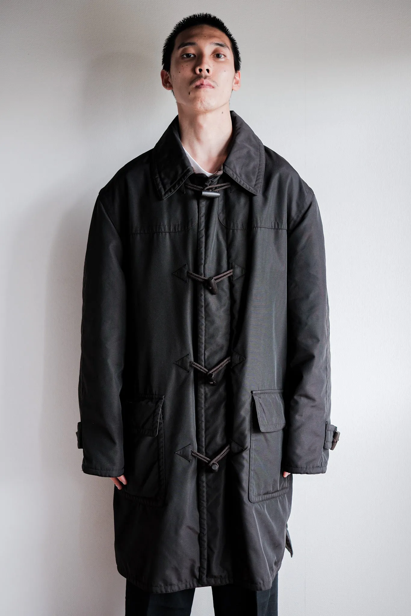 【~90's】Old Hermès Paris Dark Brown Polyamide Duffle Coat Size.54