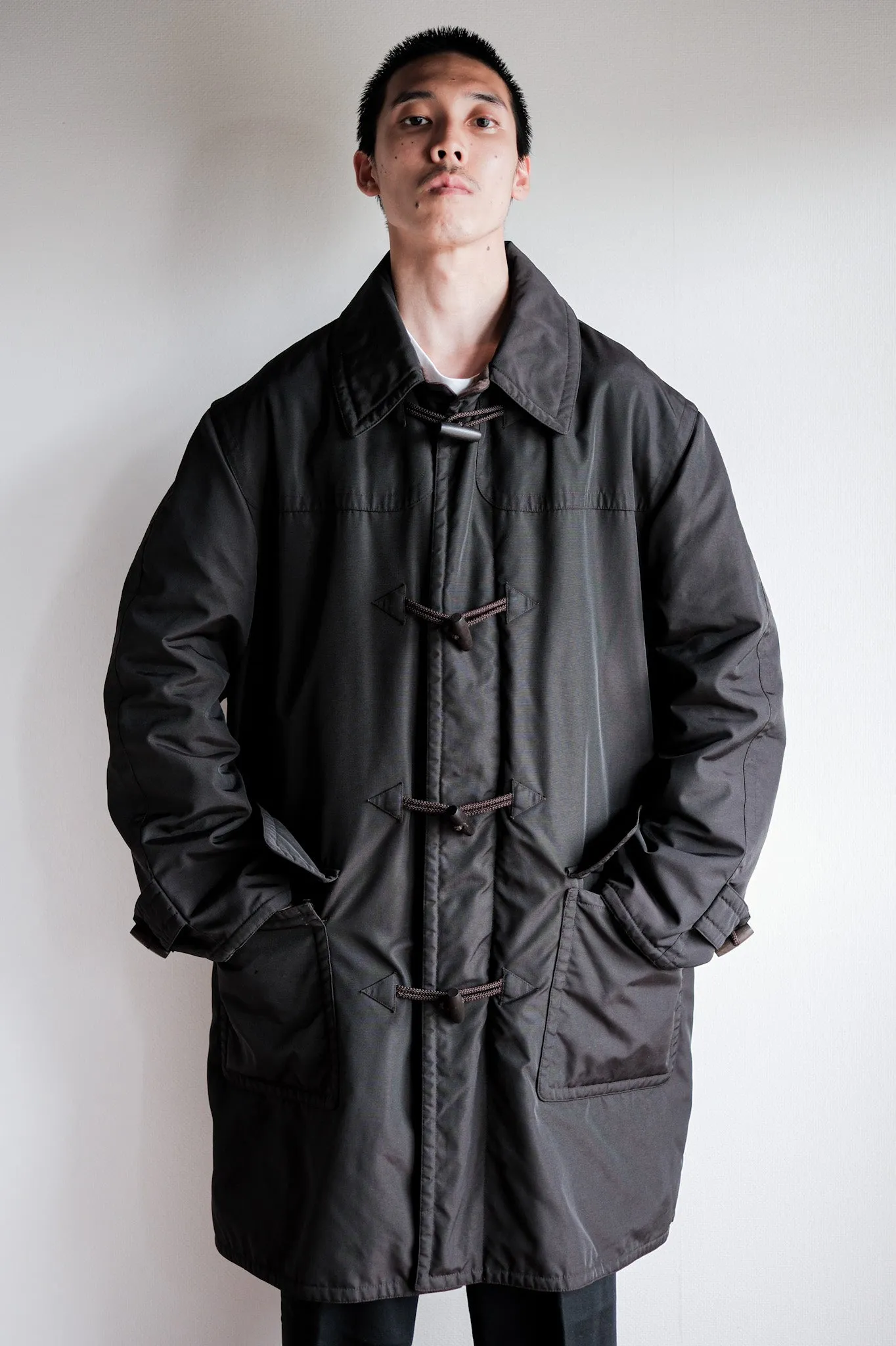 【~90's】Old Hermès Paris Dark Brown Polyamide Duffle Coat Size.54