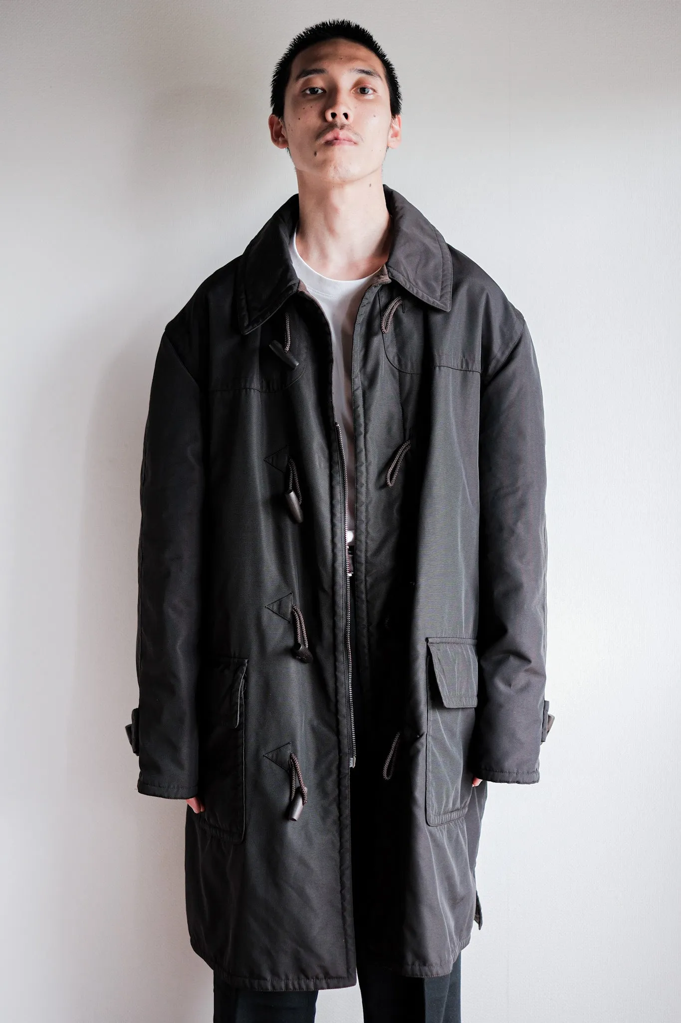 【~90's】Old Hermès Paris Dark Brown Polyamide Duffle Coat Size.54