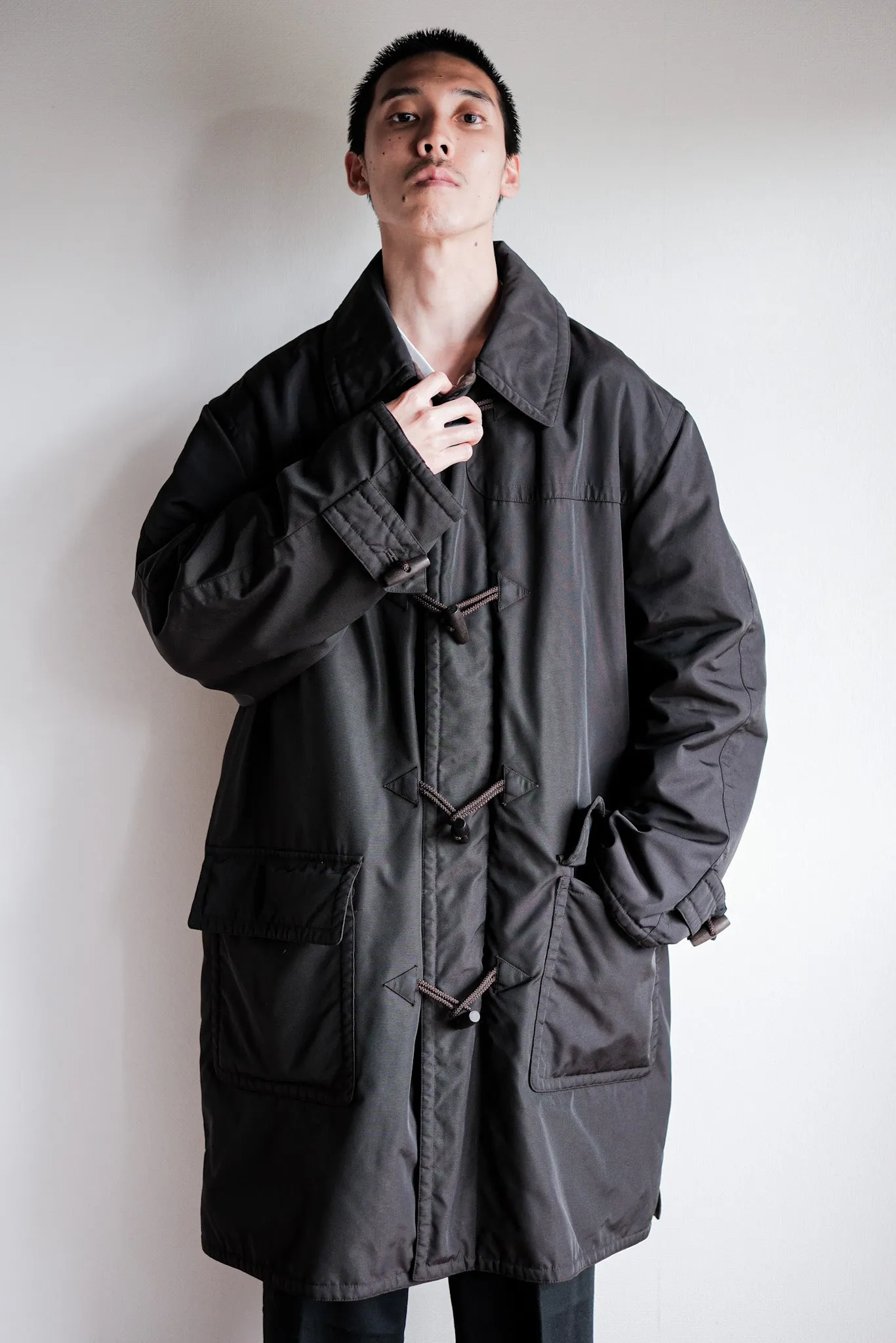 【~90's】Old Hermès Paris Dark Brown Polyamide Duffle Coat Size.54