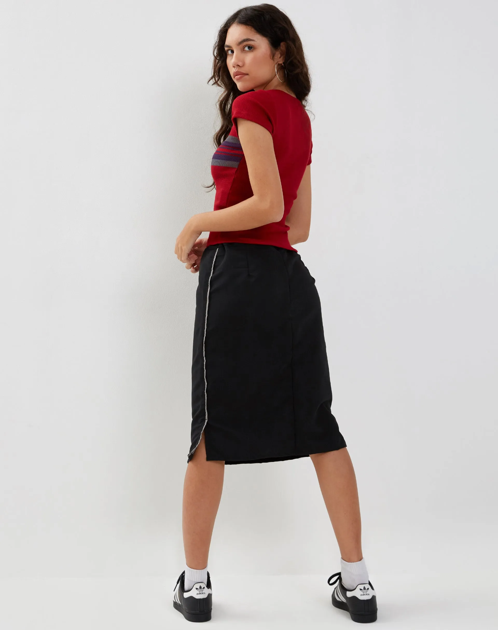 Ashlyn Cargo Midi Skirt in Black with White Stripe