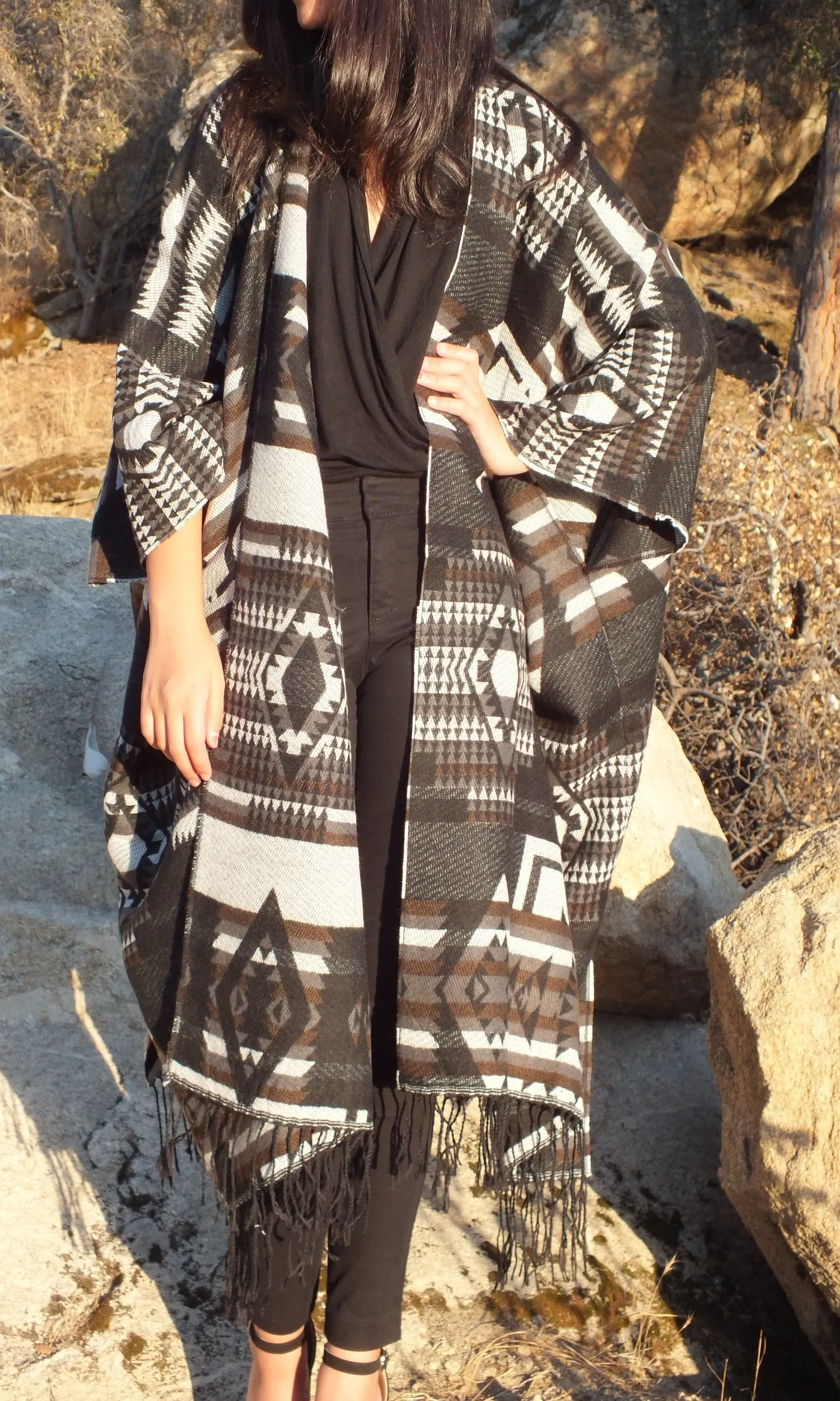 Aztec Brown Ethnic Southwestern Blanket Poncho