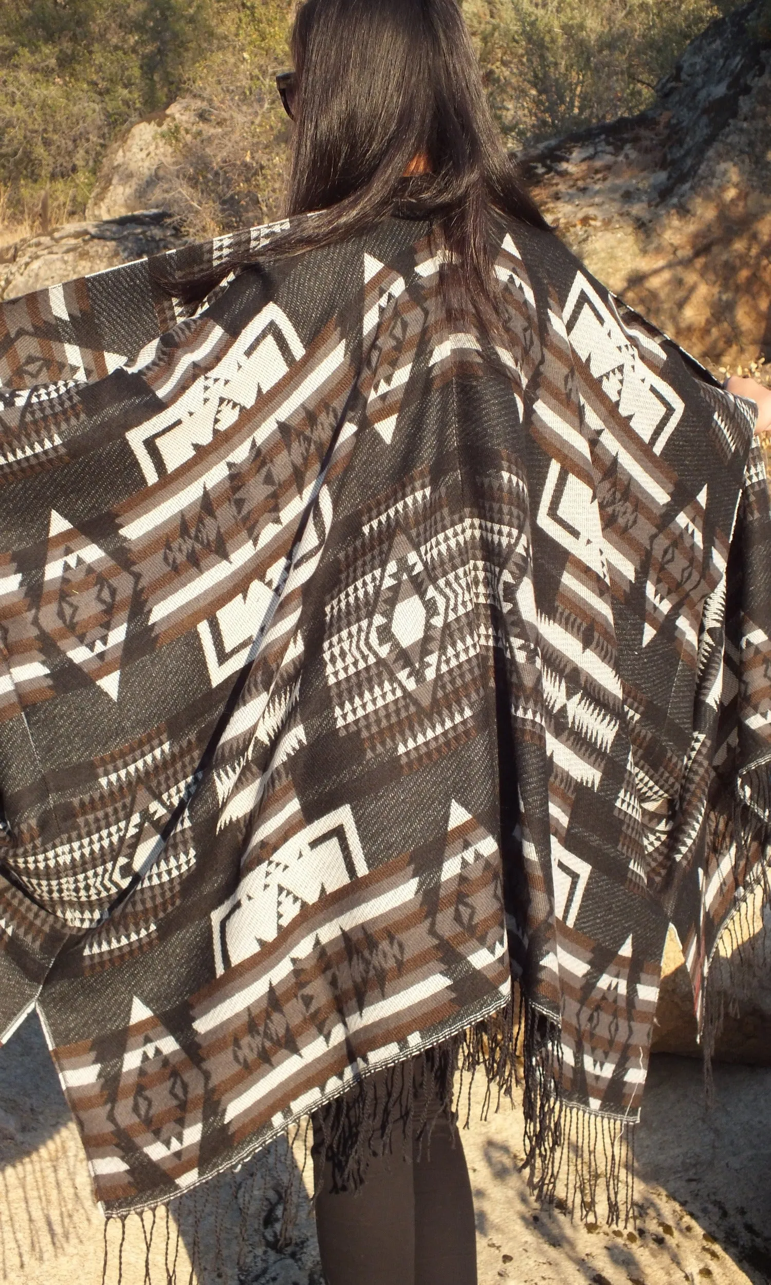 Aztec Brown Ethnic Southwestern Blanket Poncho