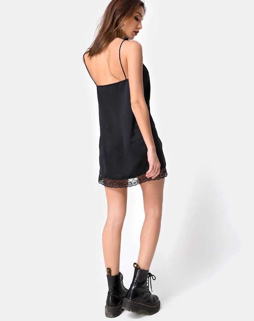 Balace Slip Dress in Black Satin with Black Lace