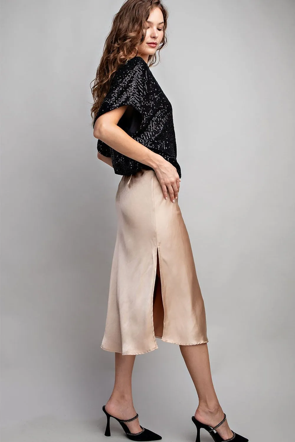 Beige Satin Slit Midi Skirt