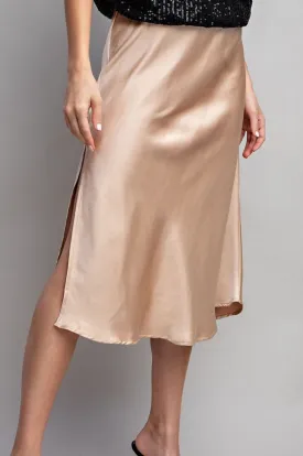 Beige Satin Slit Midi Skirt