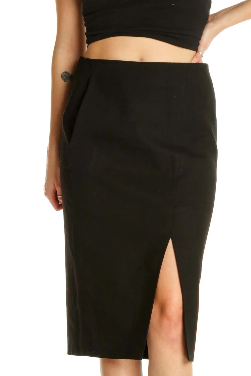 Black Solid Semiformal Pencil Skirt