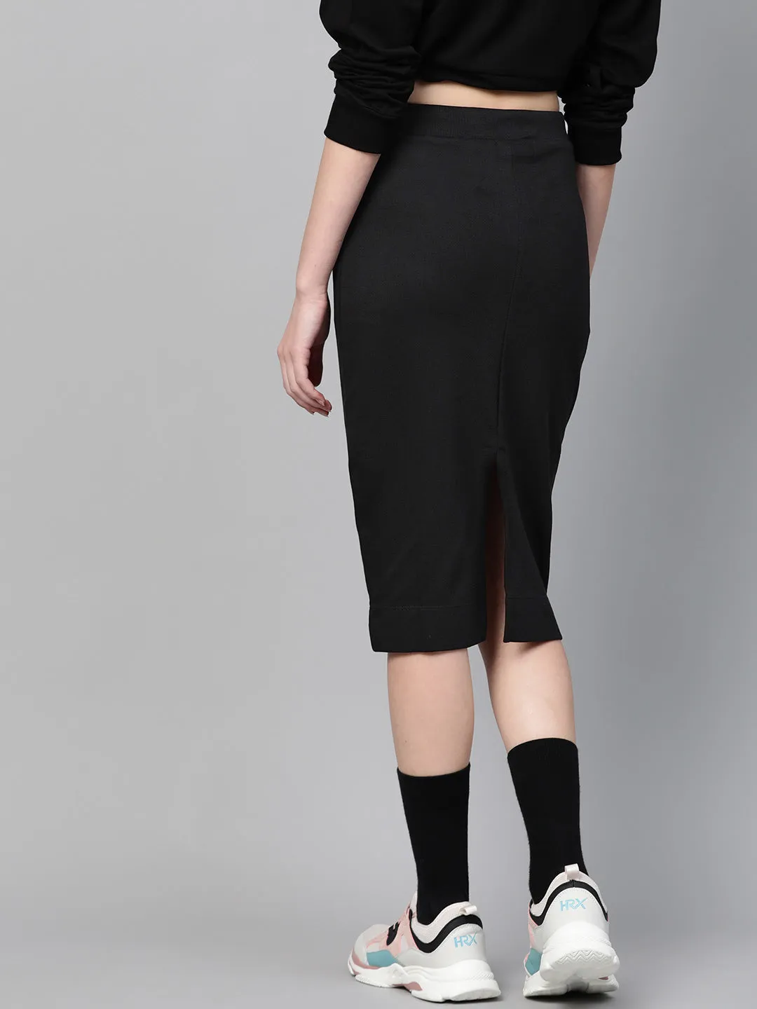 Black Terry Drawstring Pencil Skirt