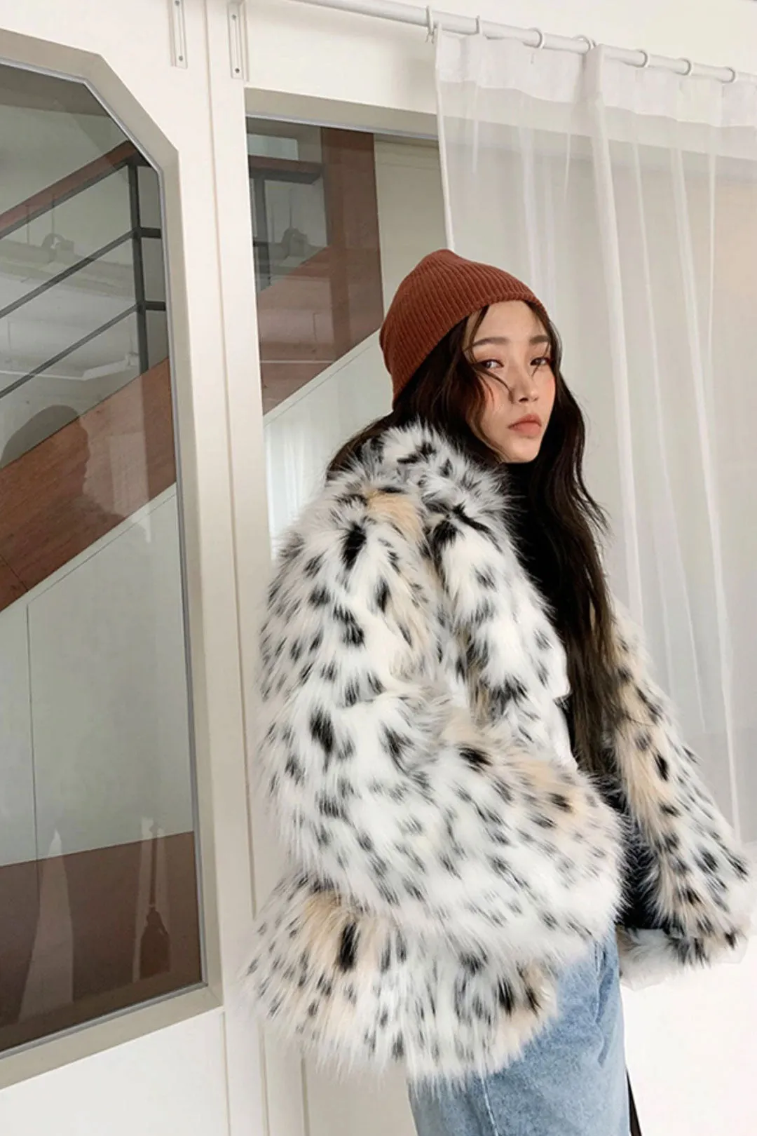 Boho Winter Coat, Fur Coat, Faux Fox Fur, Leopard Short White