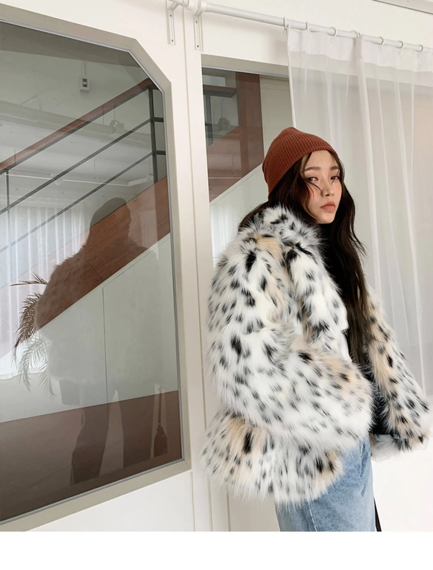 Boho Winter Coat, Fur Coat, Faux Fox Fur, Leopard Short White