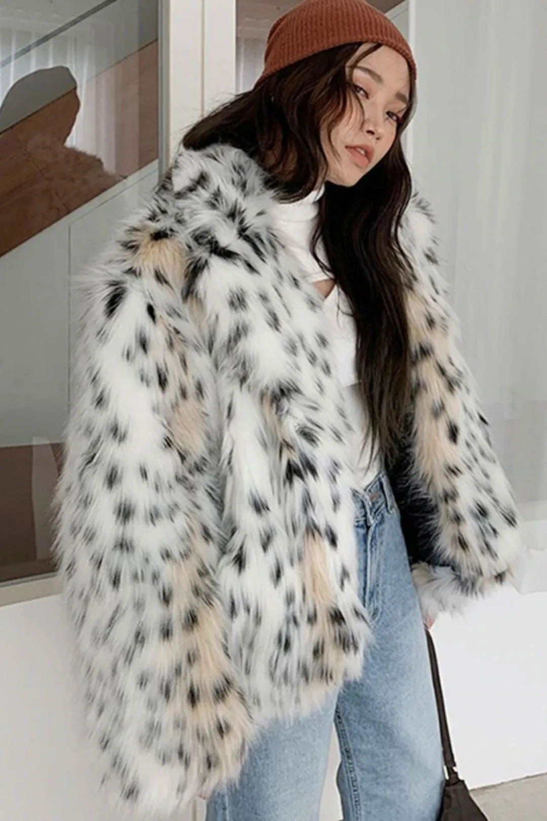 Boho Winter Coat, Fur Coat, Faux Fox Fur, Leopard Short White