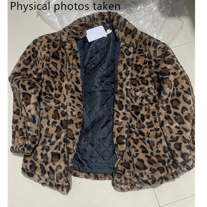 BonnyshowWinter Leopard Print Jacket Women's Stand collar Warm Parkas Outwear 2023 New Autumn Winter Korean Female Loose Faux Fur Coats