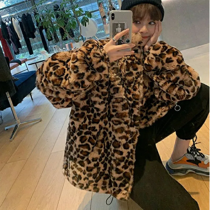 BonnyshowWinter Leopard Print Jacket Women's Stand collar Warm Parkas Outwear 2023 New Autumn Winter Korean Female Loose Faux Fur Coats