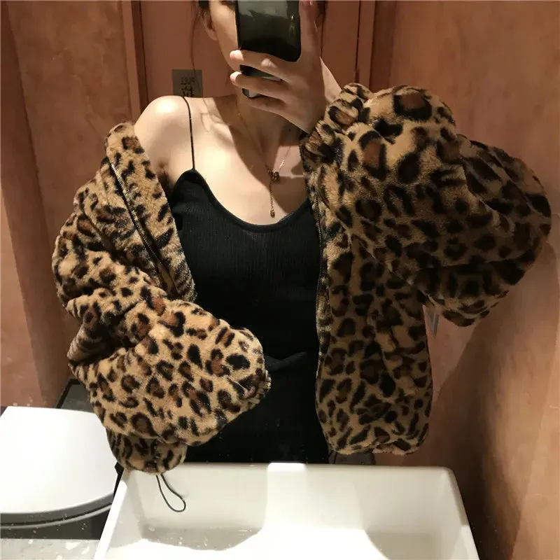 BonnyshowWinter Leopard Print Jacket Women's Stand collar Warm Parkas Outwear 2023 New Autumn Winter Korean Female Loose Faux Fur Coats