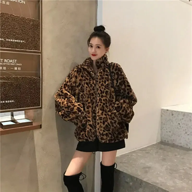 BonnyshowWinter Leopard Print Jacket Women's Stand collar Warm Parkas Outwear 2023 New Autumn Winter Korean Female Loose Faux Fur Coats