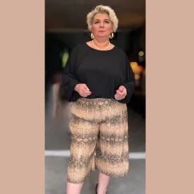 BROWN ANIMAL PRINT CRINKLE PLEATED ELASTIC WAIST CULOTTES / SHORTS