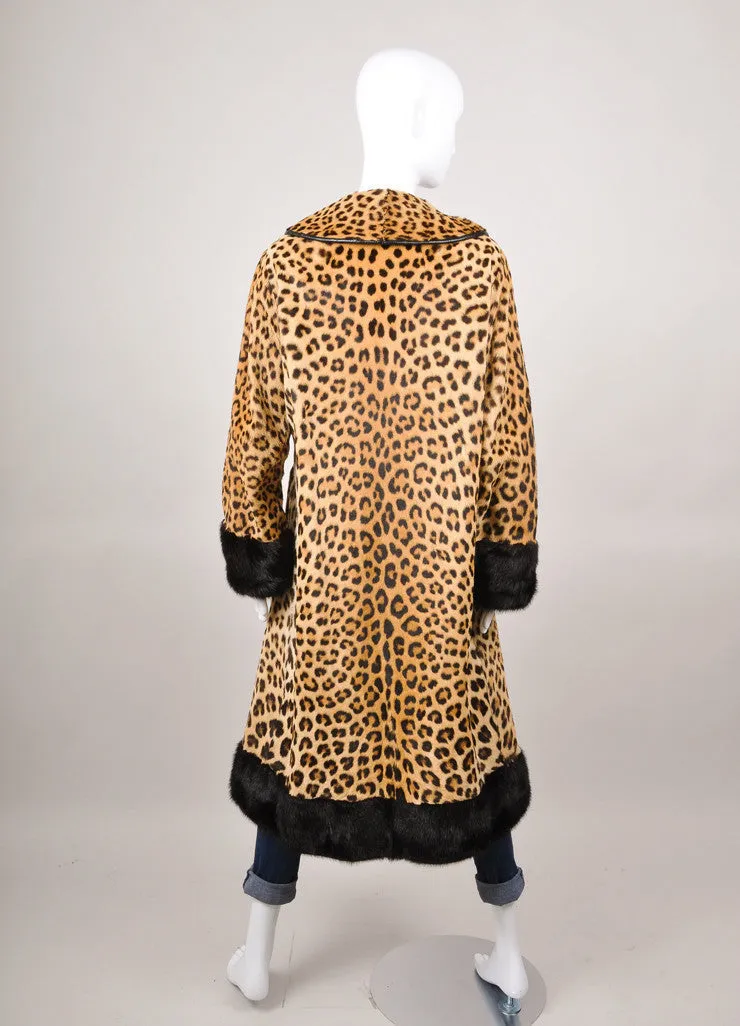 Brown Leather and Mink Trim Leopard Fur Belted Coat