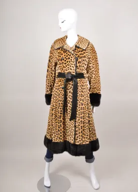 Brown Leather and Mink Trim Leopard Fur Belted Coat