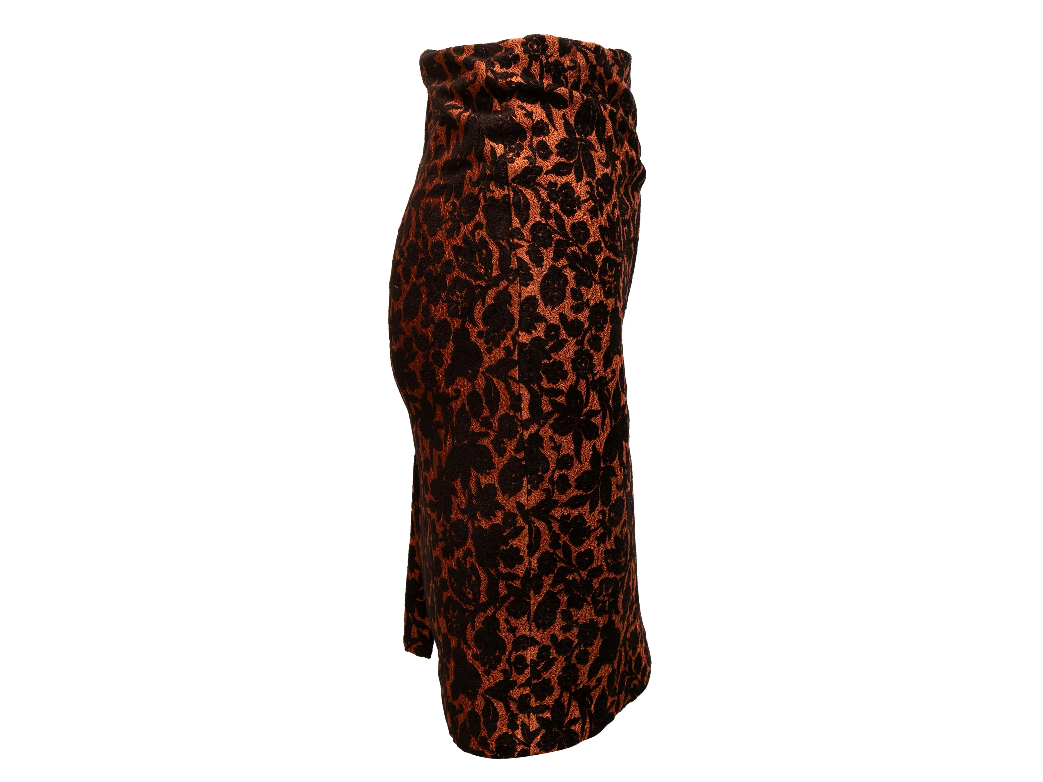 Burnt Orange & Black Carolina Herrera Brocade Pencil Skirt Size US 6