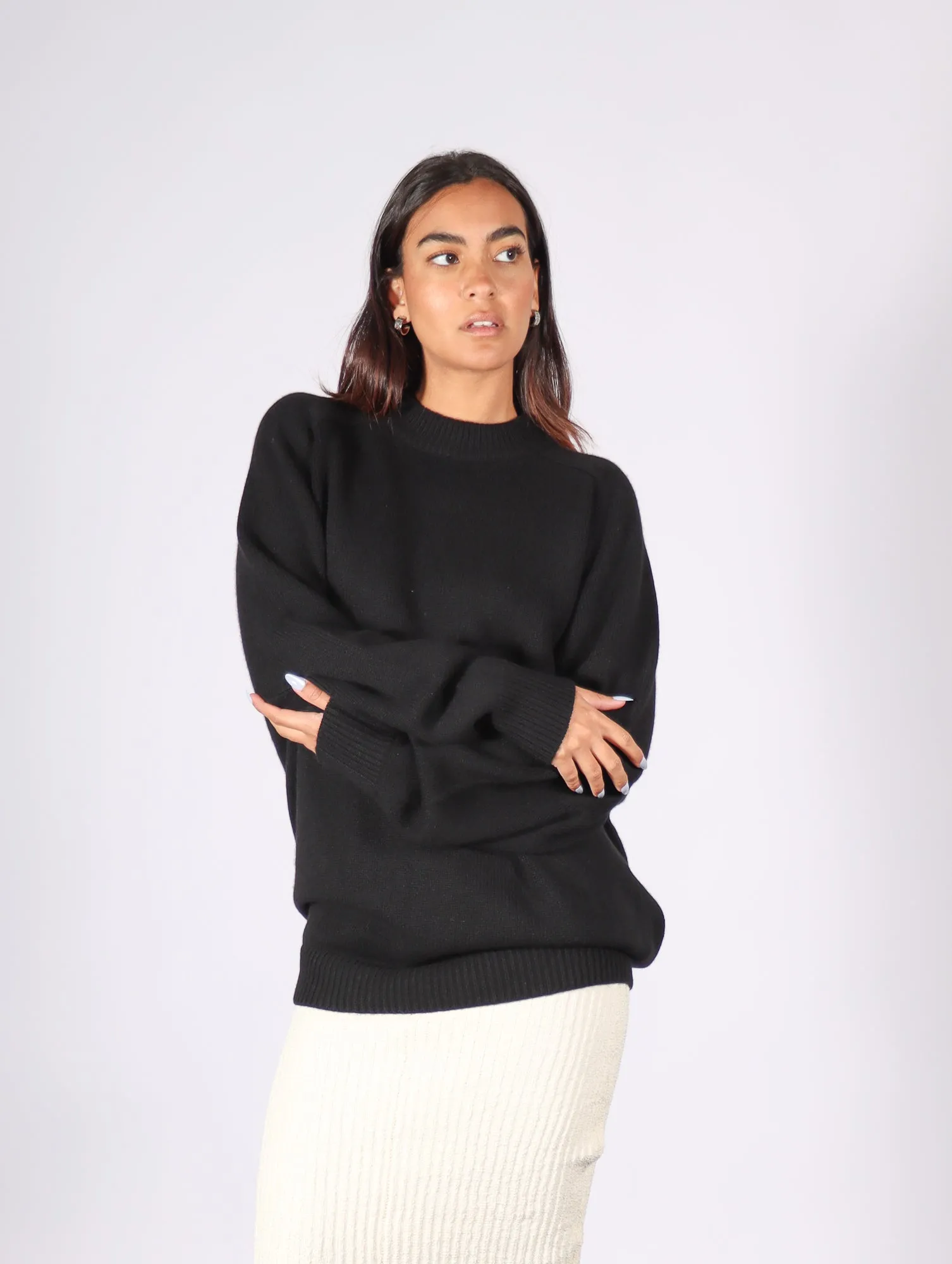 Cashmere Sweater Crewneck Oversized Pullover in Black by Tibi