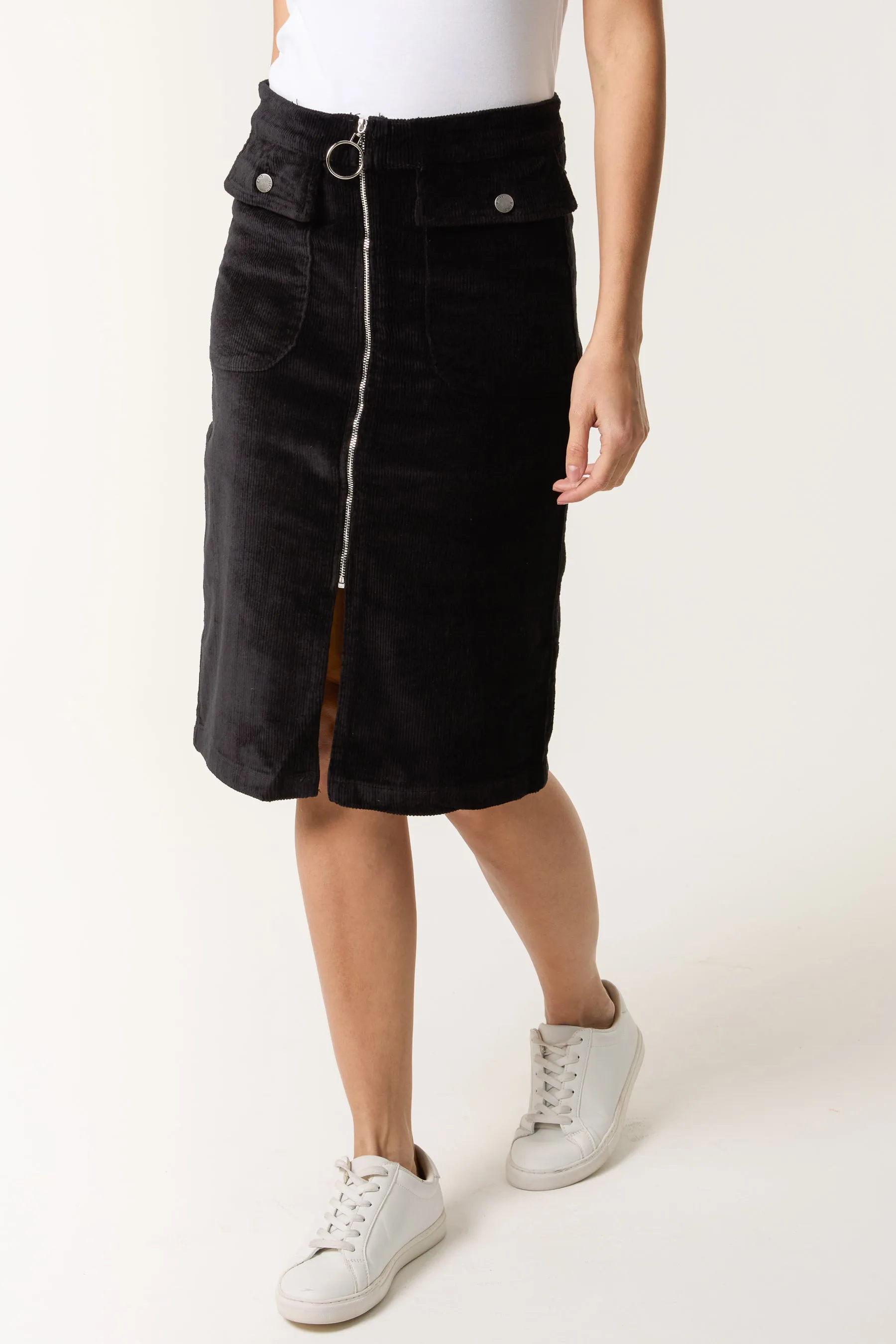 Corduroy Zip Through Midi Skirt