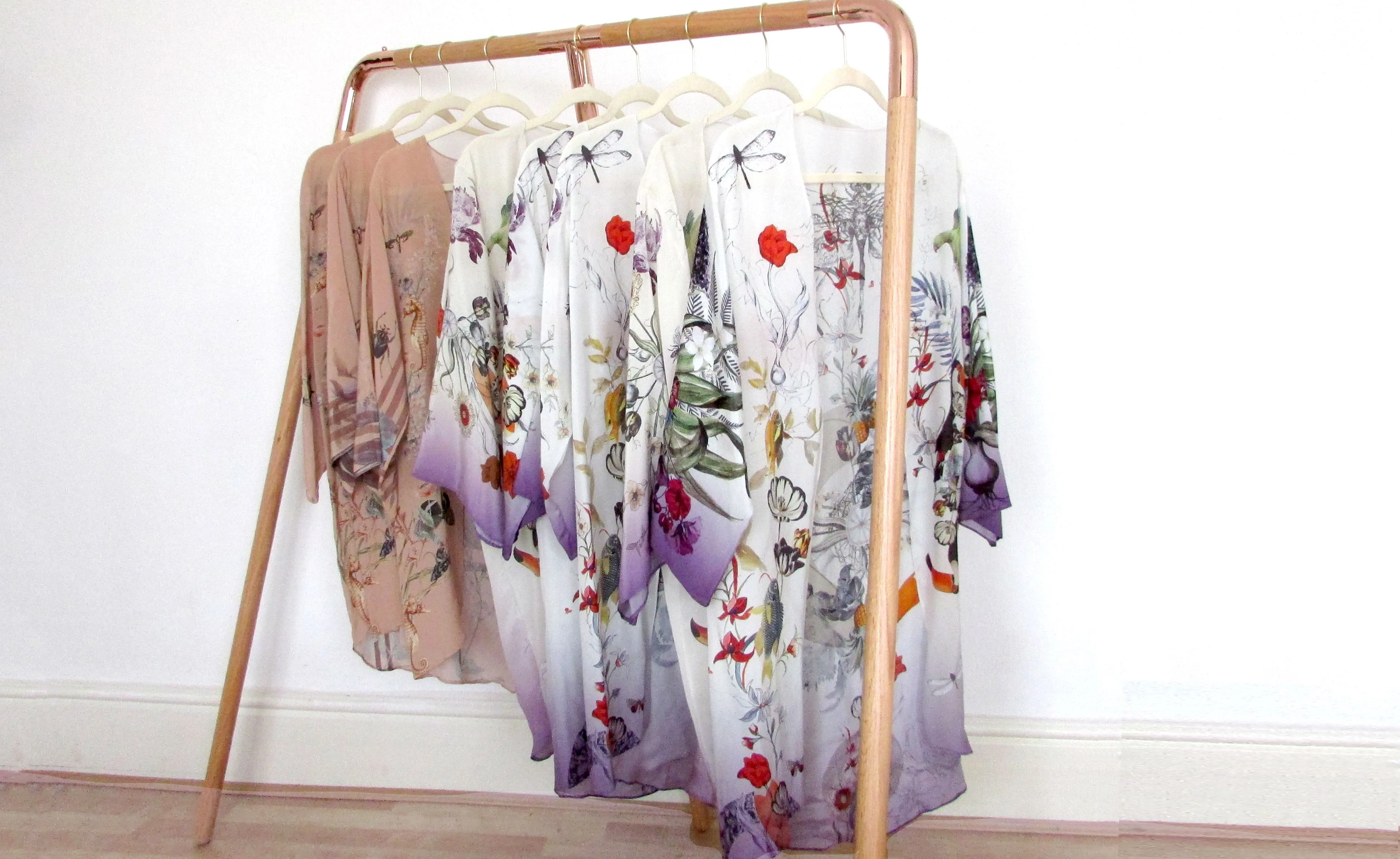 Cream 'Evolution' Silk Kimono Jacket with unique botanical illustrations- luxury lounging or evening wear