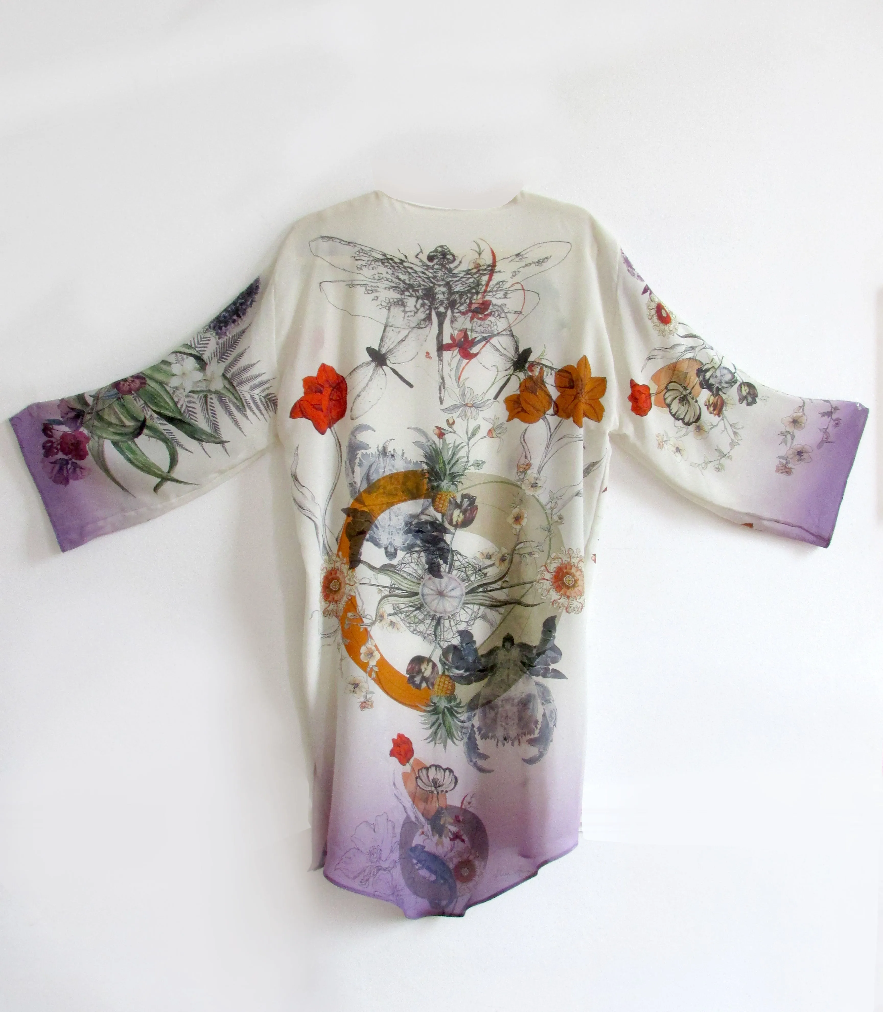 Cream 'Evolution' Silk Kimono Jacket with unique botanical illustrations- luxury lounging or evening wear