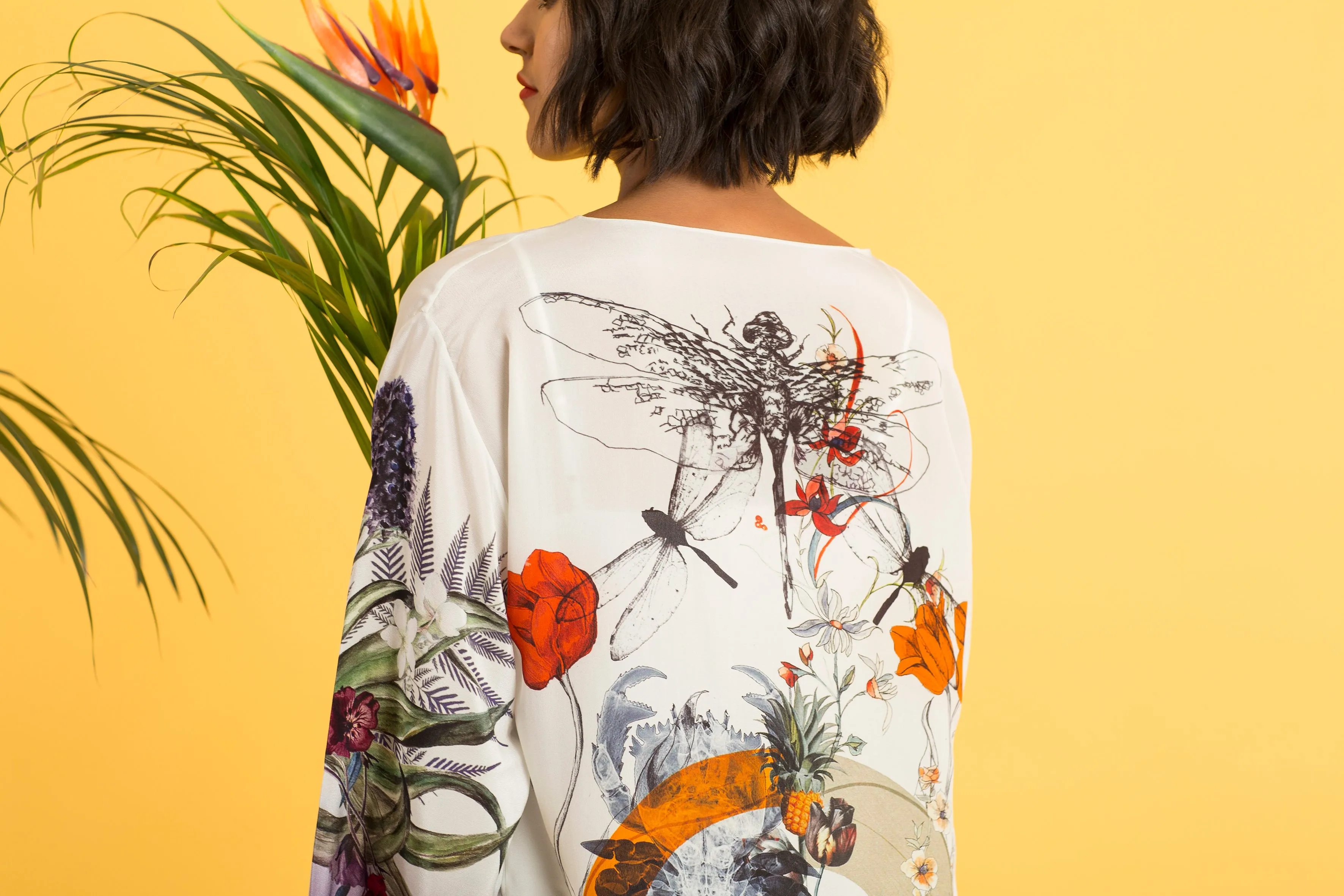 Cream 'Evolution' Silk Kimono Jacket with unique botanical illustrations- luxury lounging or evening wear