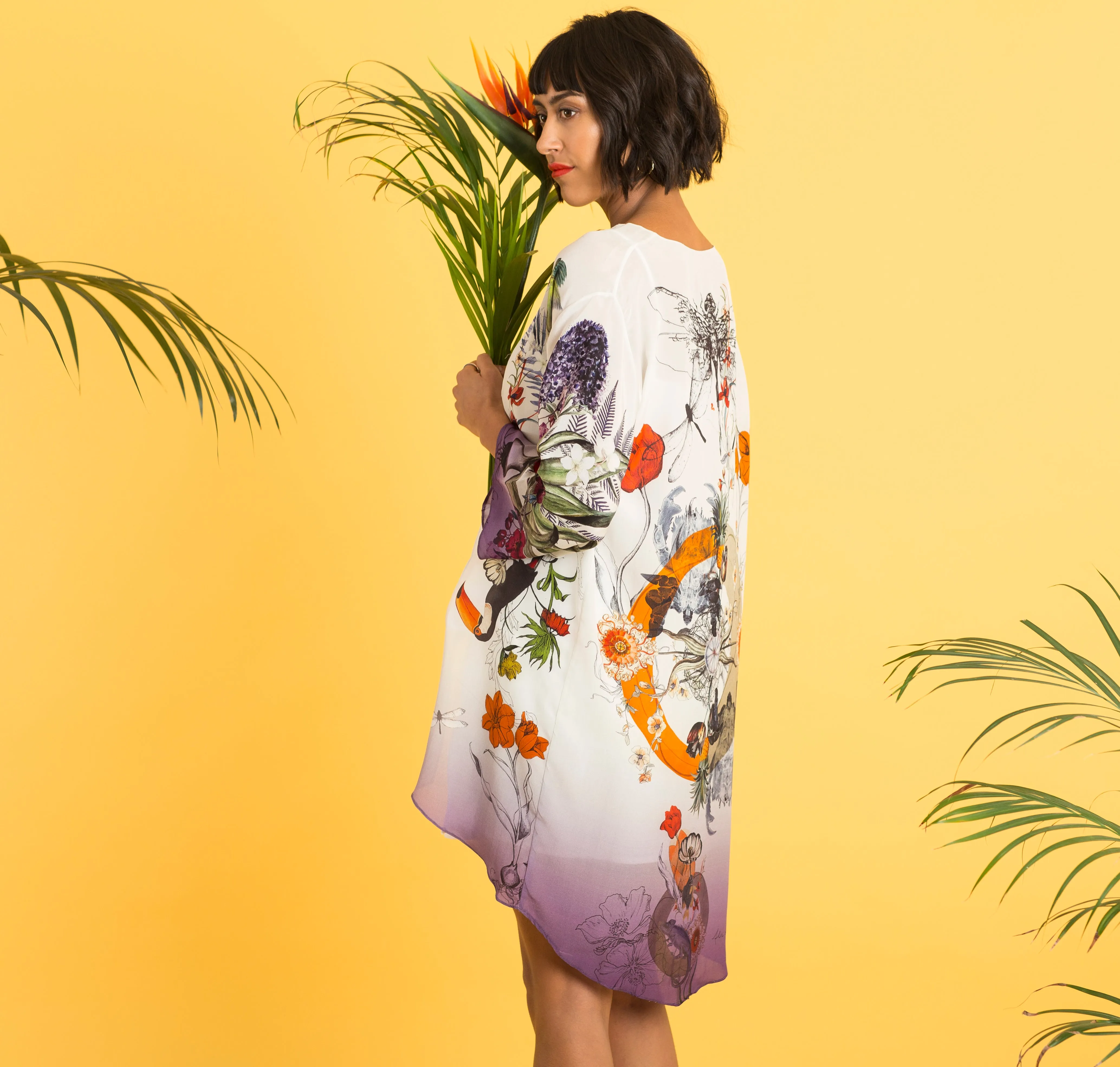 Cream 'Evolution' Silk Kimono Jacket with unique botanical illustrations- luxury lounging or evening wear