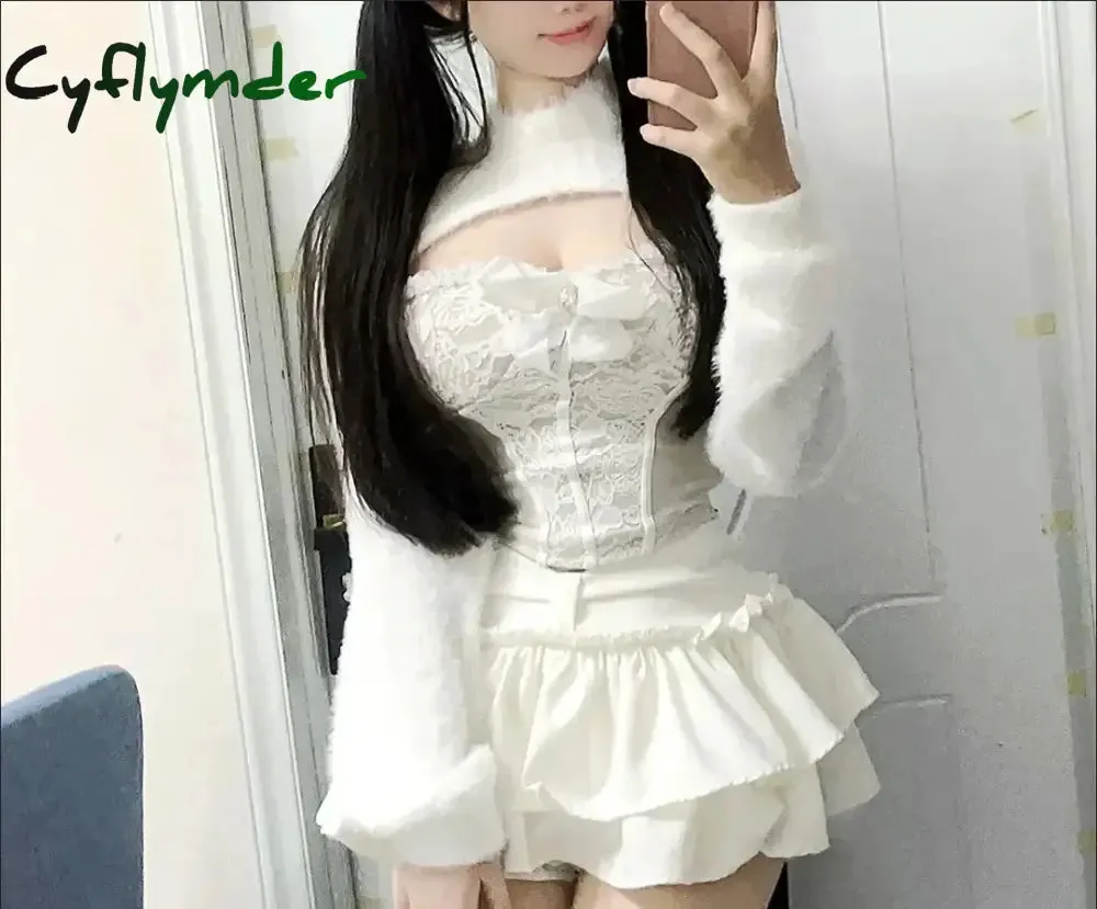 Cyflymder DRESS TO IMPRESS Kawaii 3 Pieces Set Women Grunge Suit Y2k Aesthetic Crop Pullover   Lace Sexy Bow Vest   Ruffled Mini Cake Skirts Lolita Outfit