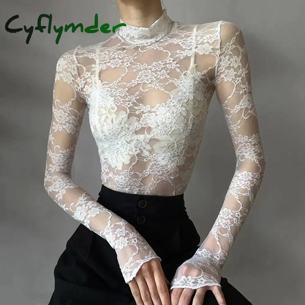 Cyflymder Y2k Women's Lace Crop Tops Fairy Grunge White Long Sleeve Mock Neck Mesh See Through Floral Slim T-shirts Club Streetwear