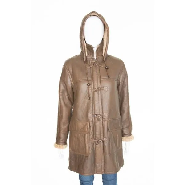 Double face sheepskin knee length coat with detachable hood Duffle Coat Polar